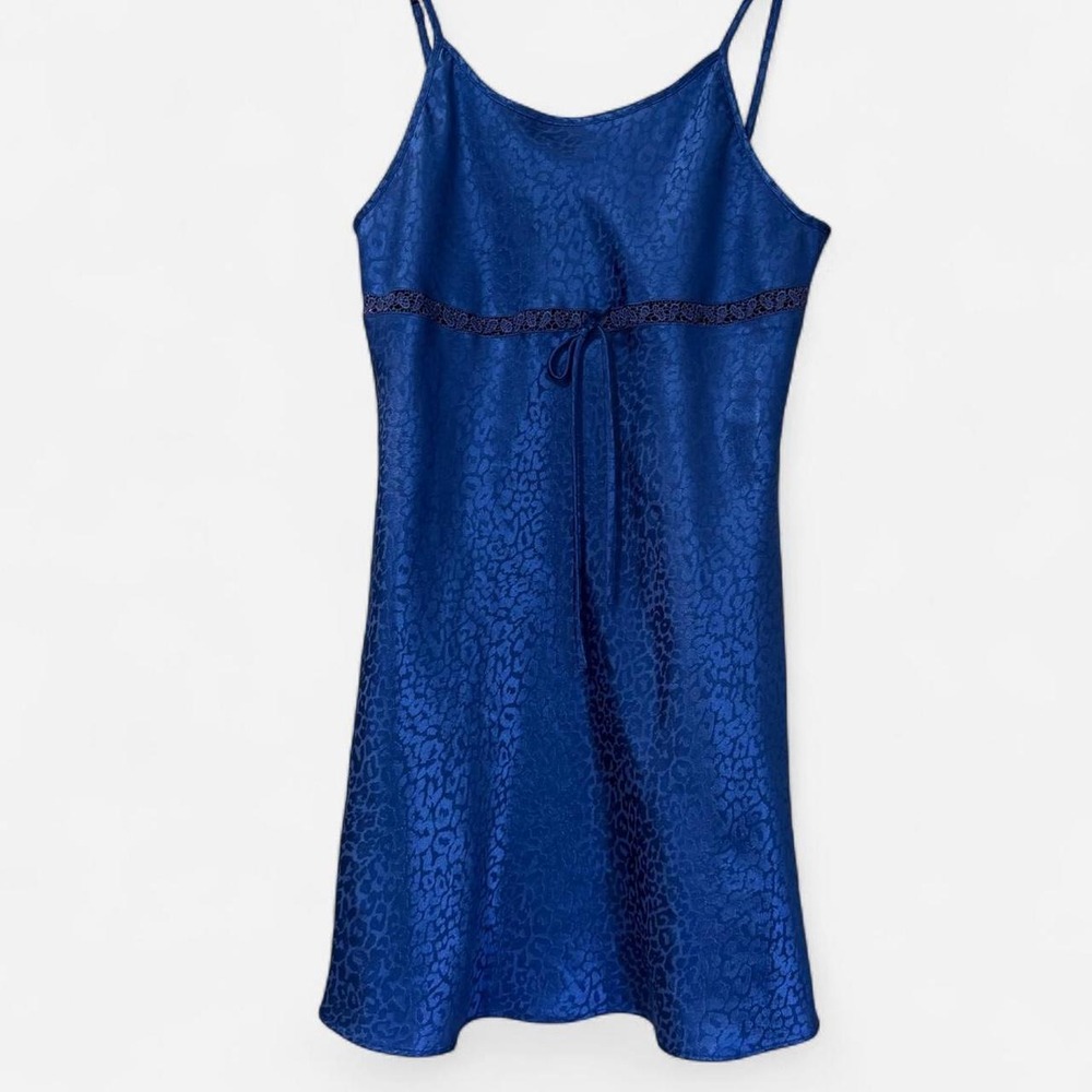 Vintage Delicate Treasures Blue Leopard Satin Slip Dress